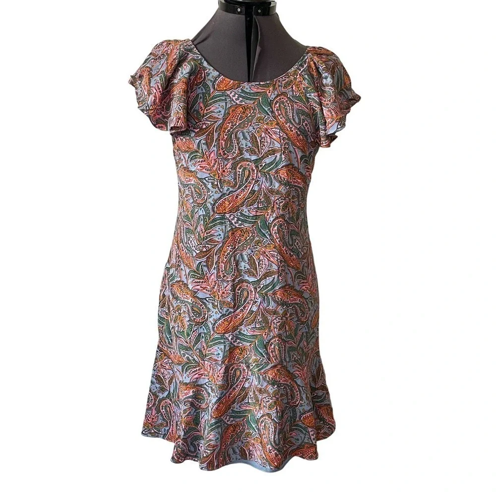 J. Crew 100% Silk Ruffle Flutter Sleeve Dress in Paisley Print, Size 2 🗣